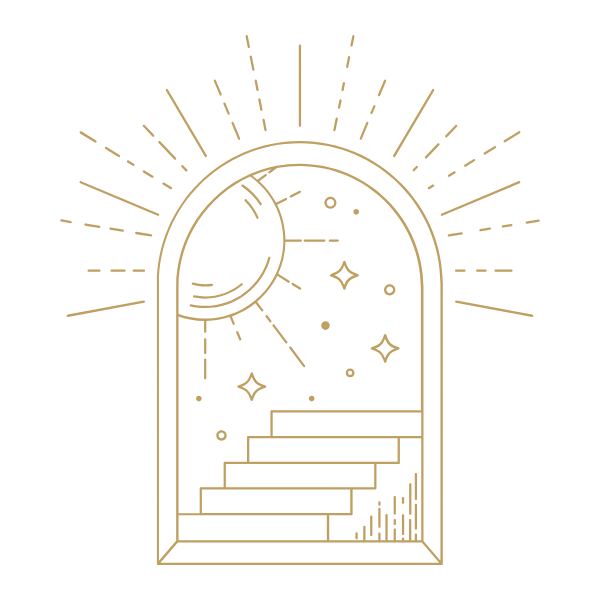 A gold doorway with stairs leading toward the sun